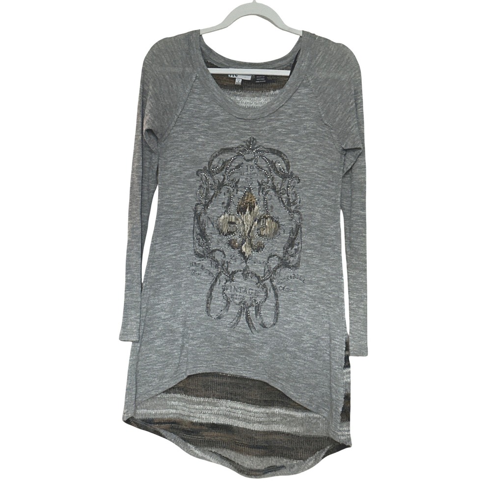 Y2K Miss Me Graphic Tunic Top Rhinestone Glam Long Sleeve Knit Small Bling Gray